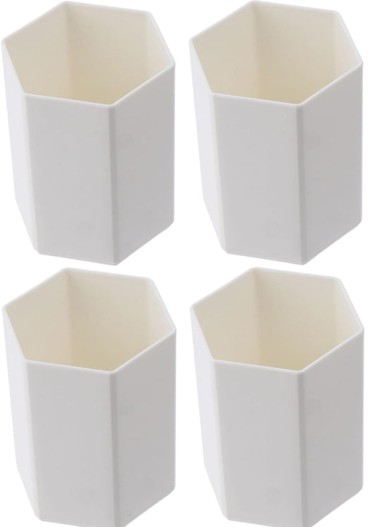 4x Plastic Pen Holder Hexagon Desktop Organizer Pencil Pot White 10cm Tall