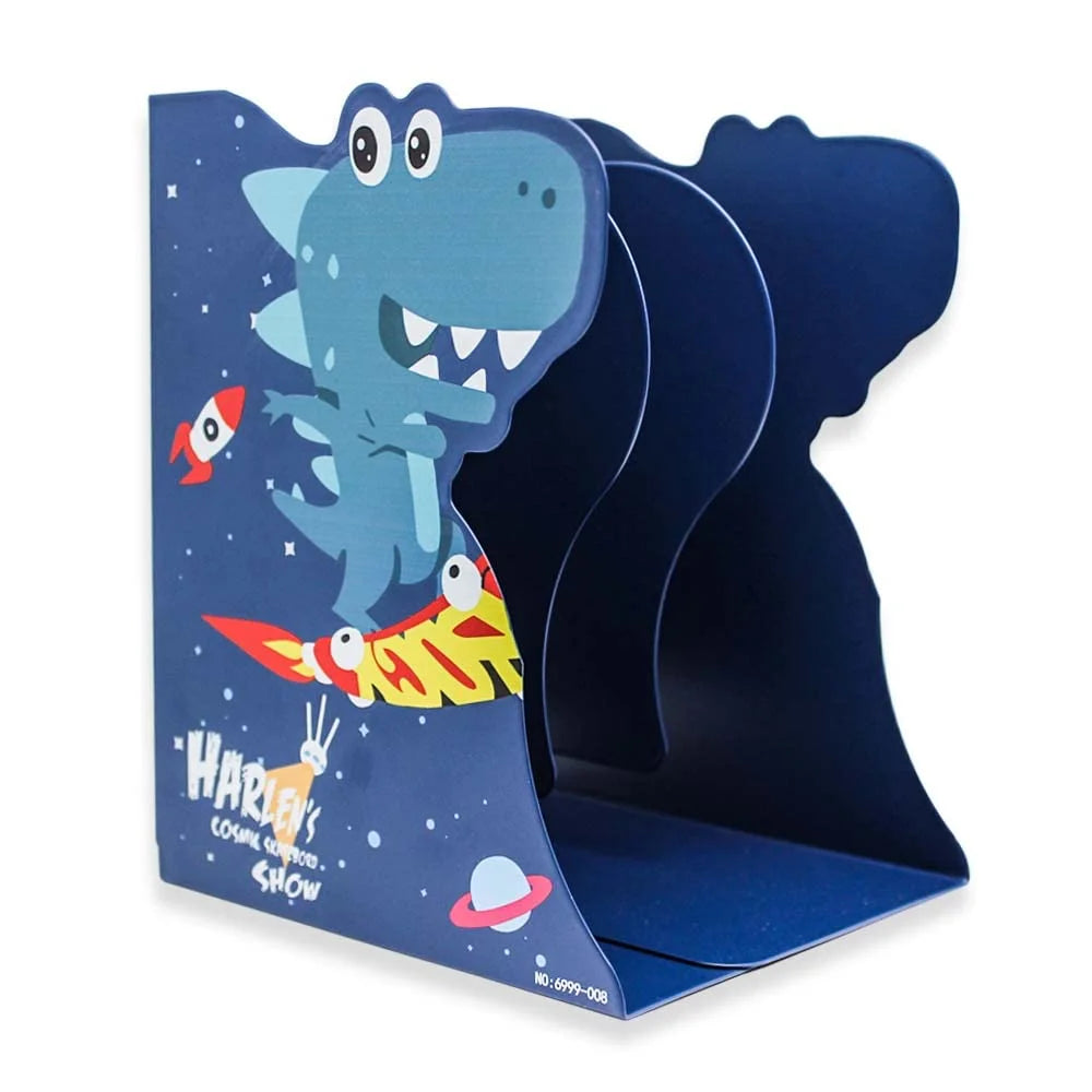 Expandable Metal Bookend / Book Stand Holder - Blue Dinosaur Cartoon Design