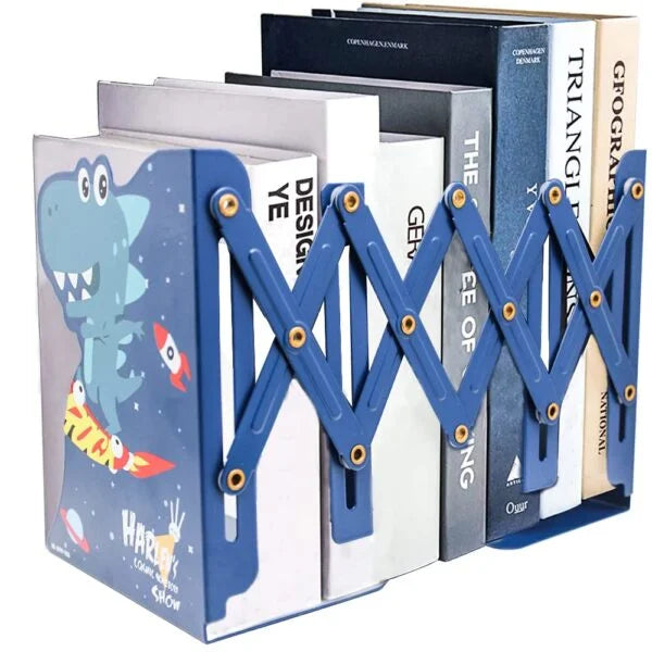 Expandable Metal Bookend / Book Stand Holder - Blue Dinosaur Cartoon Design