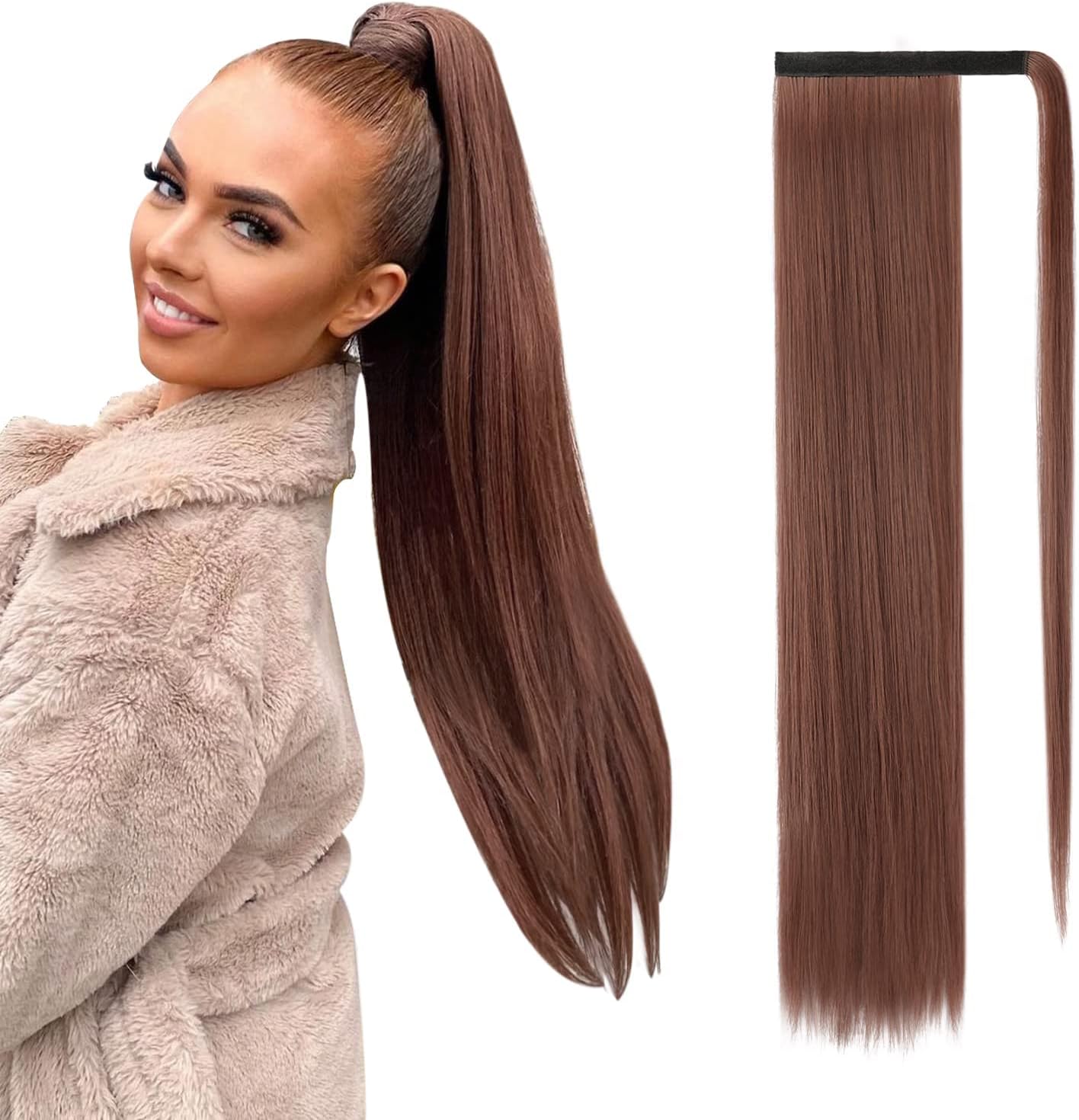 Straight Long Wrap Around Ponytail Extension 28" Brown 30/33# - Synthetic Hair