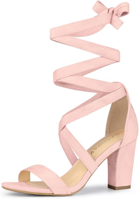 Allegra K Women's Lace Up Block Heels Sandals - Pink - UK Size 5