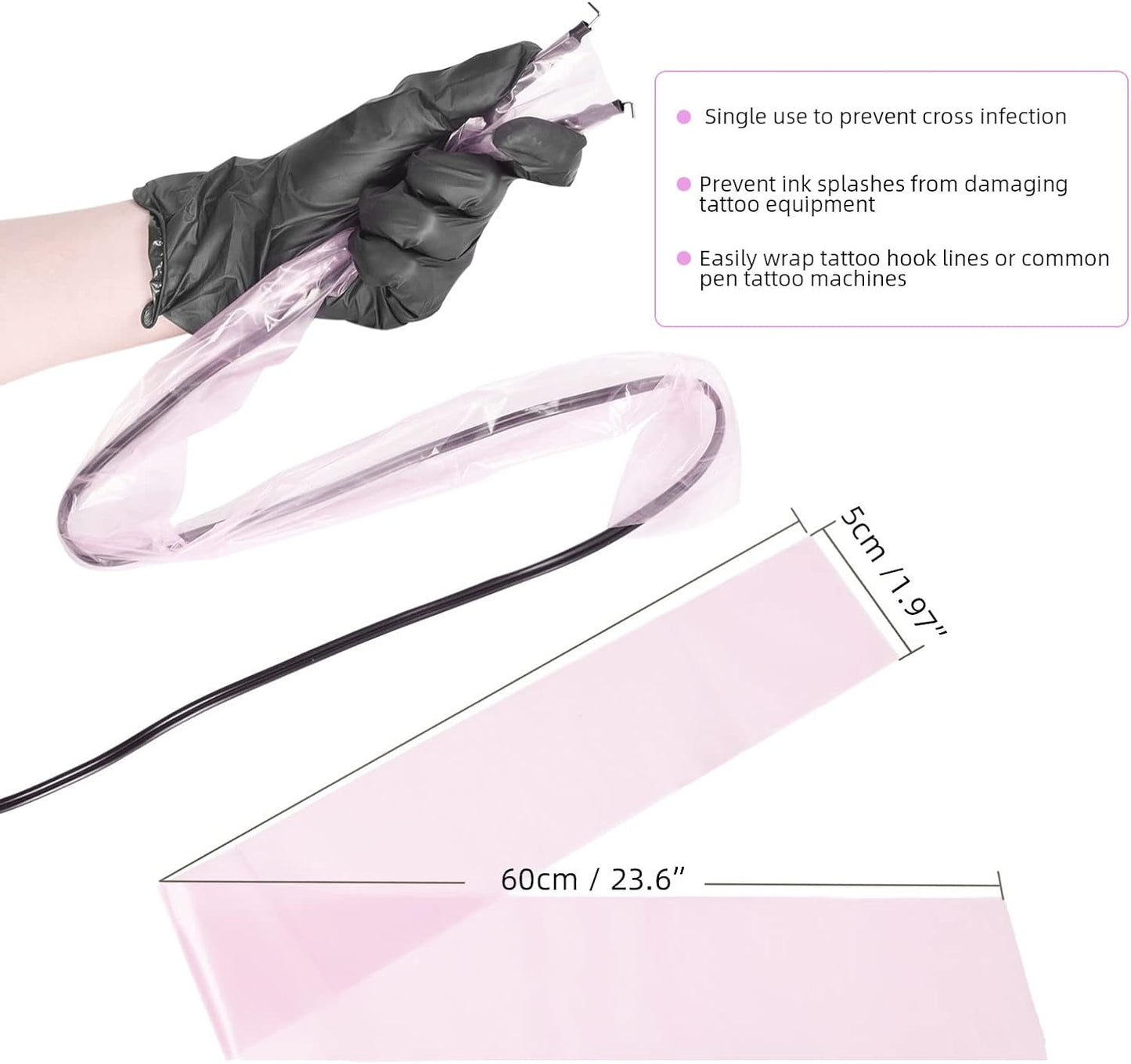 200x Disposable Tattoo Cord Cover Sleeve Bags for Tattoo Machine - Pink - 60cm