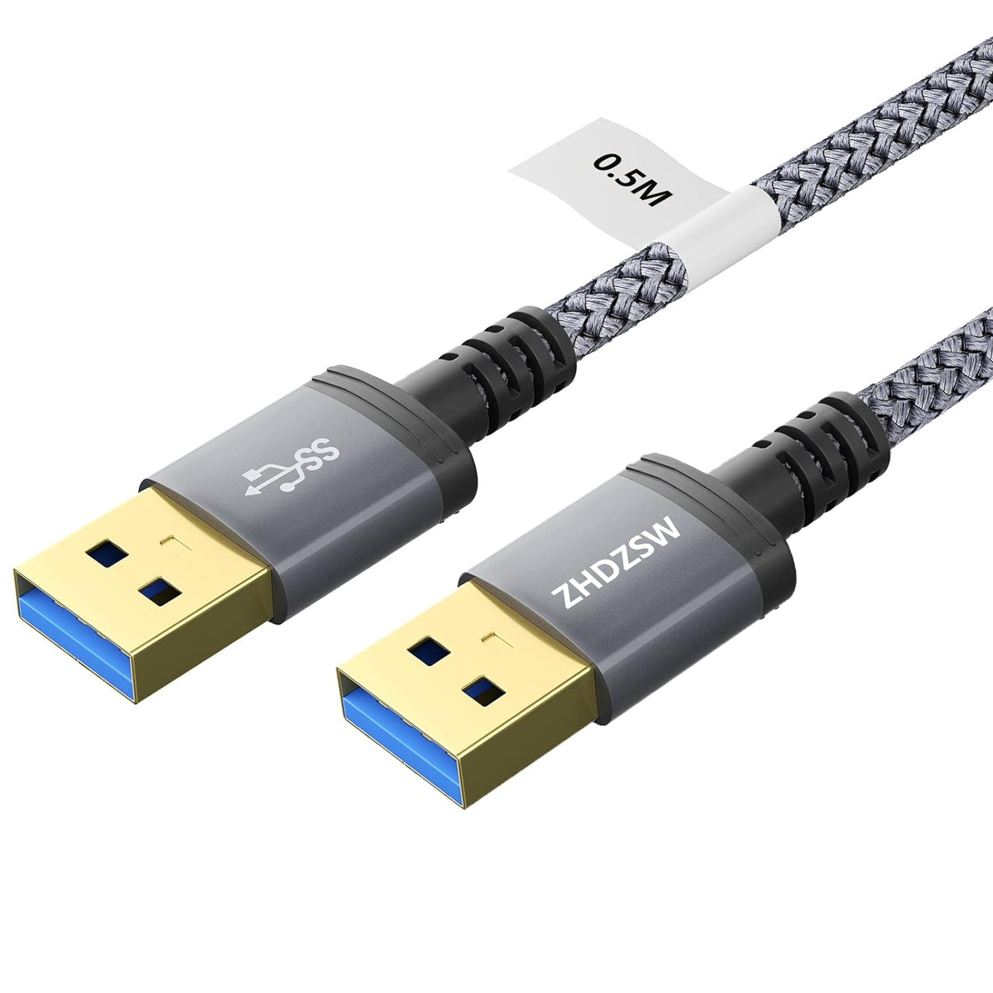 USB A Male to USB A Male Cable 0.5M - USB 3.0 Braided Grey