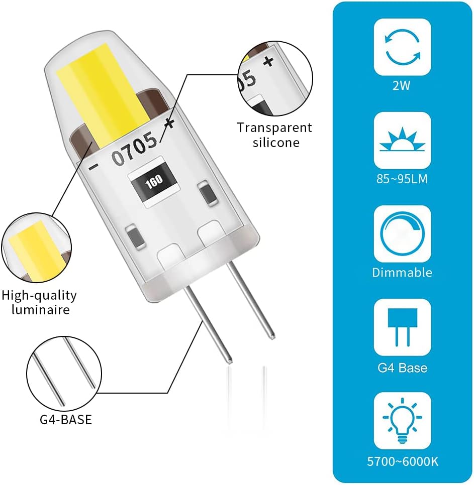 10x LED G4 Dimmable Bulb 2W 95LM Cool White Light 360° Beam Angle 2 Pin DC 12v