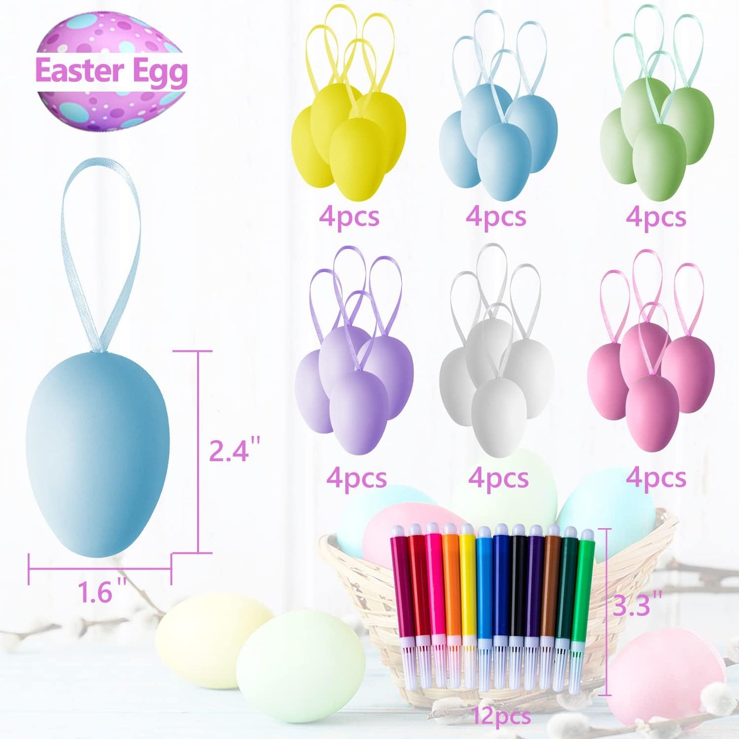 24 Piece Easter Eggs Decoration Set Egg Hanging Ornaments + 12 Coloured Pens