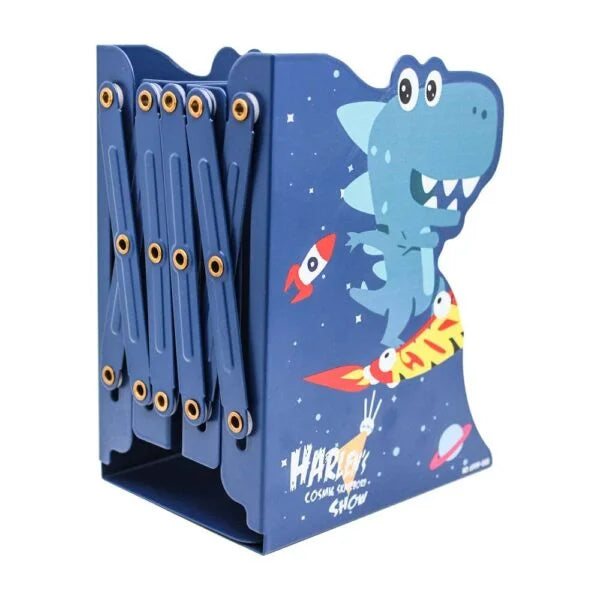 Expandable Metal Bookend / Book Stand Holder - Blue Dinosaur Cartoon Design