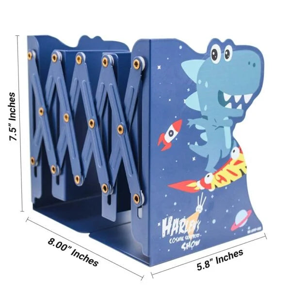 Expandable Metal Bookend / Book Stand Holder - Blue Dinosaur Cartoon Design