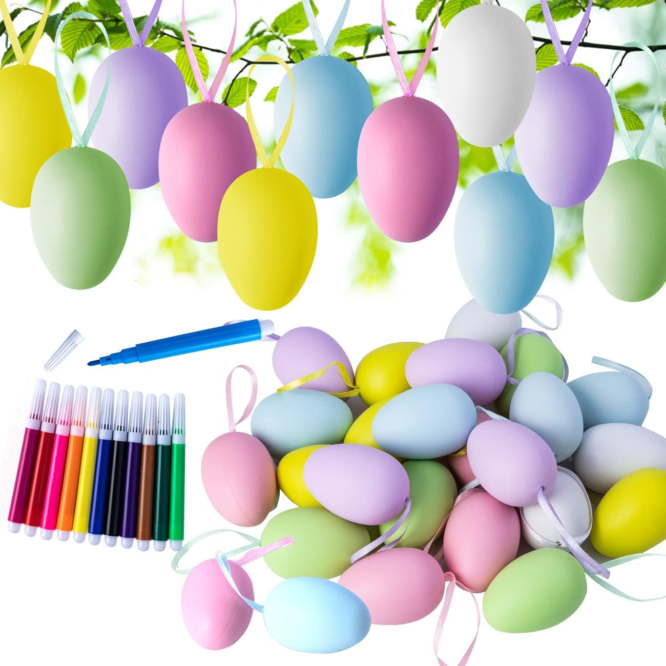 24 Piece Easter Eggs Decoration Set Egg Hanging Ornaments + 12 Coloured Pens