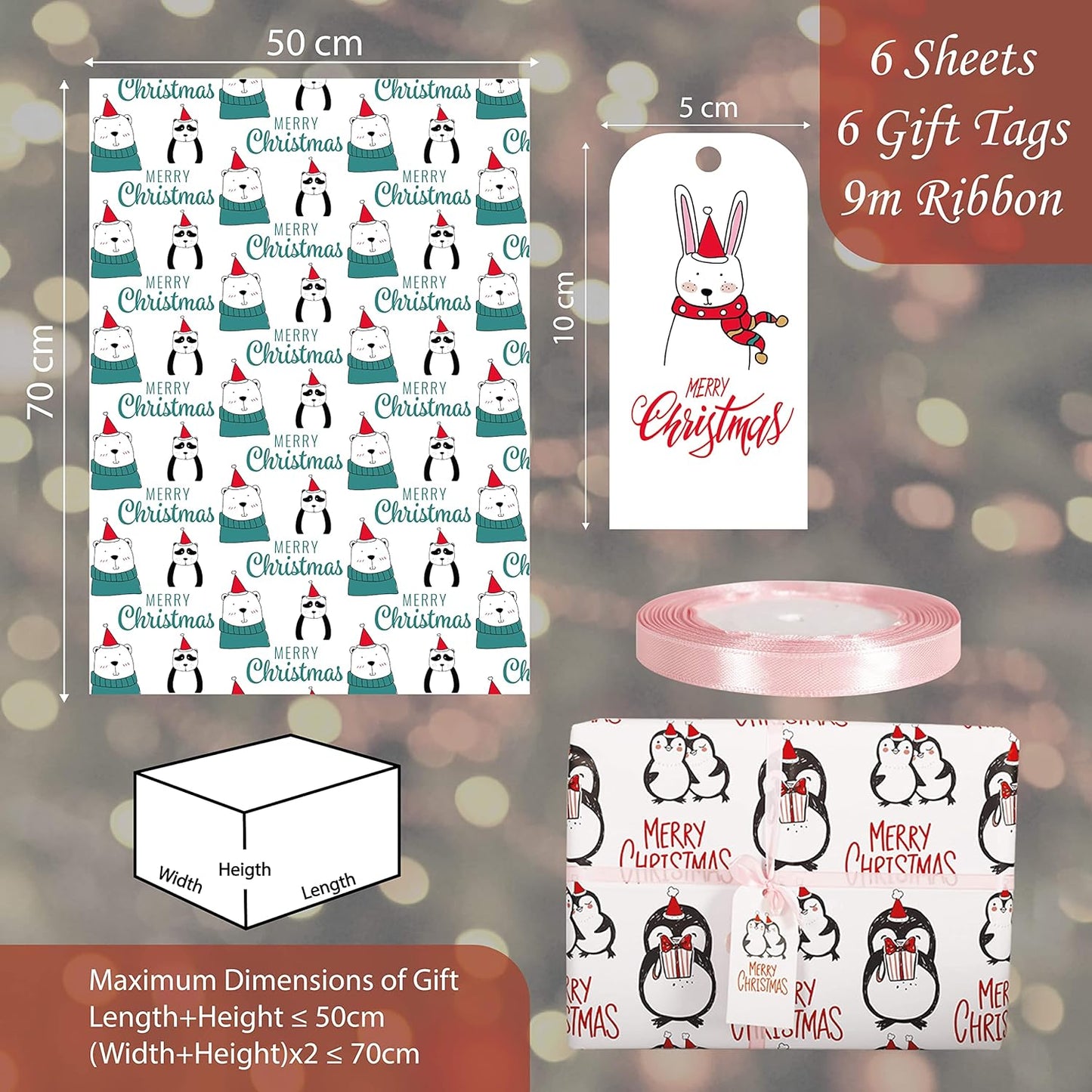 6 Sheets Christmas Wrapping Paper & 9m Pink Ribbon & 6 Tags