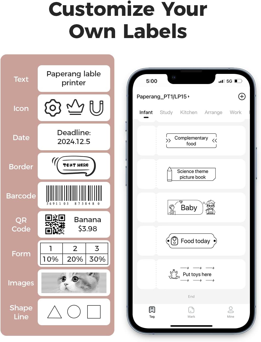 Paperang Label Maker Machine LP15 Portable Wireless Thermal Label Printer Pink