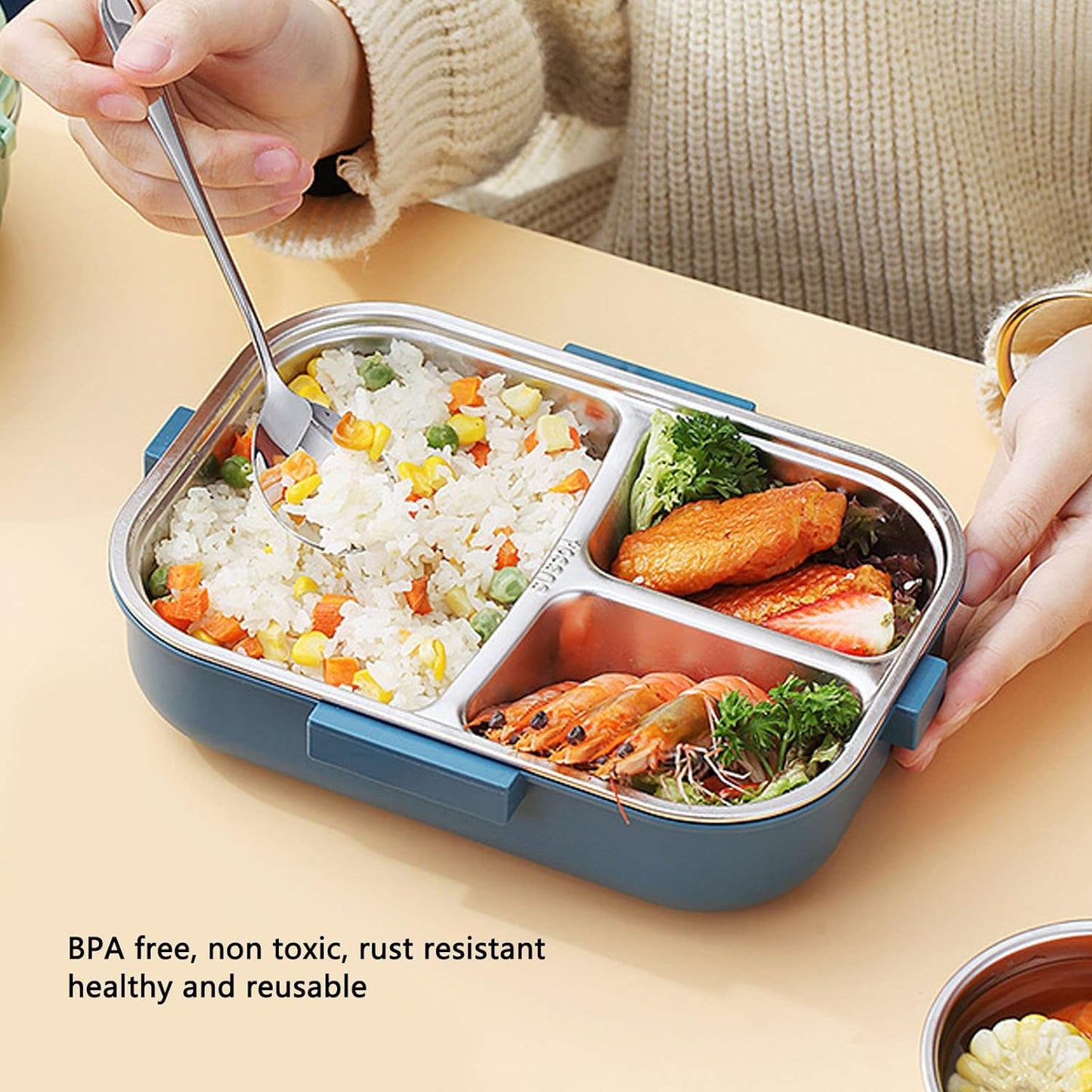 1100ml Thermal Lunch Box Double Layer 3 Grid Design Adults Bento Box Blue