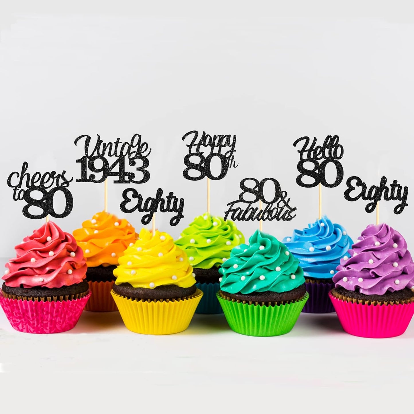 20x Black Glitter 80th Birthday Cupcake Toppers