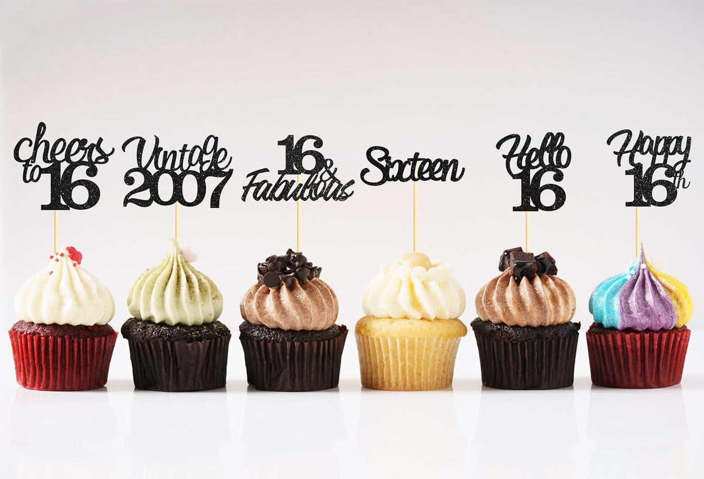 20x Black Glitter 16th Birthday Cupcake Toppers