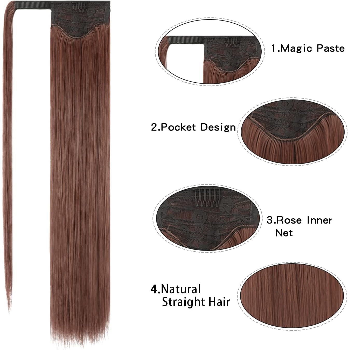 Straight Long Wrap Around Ponytail Extension 28" Brown 30/33# - Synthetic Hair