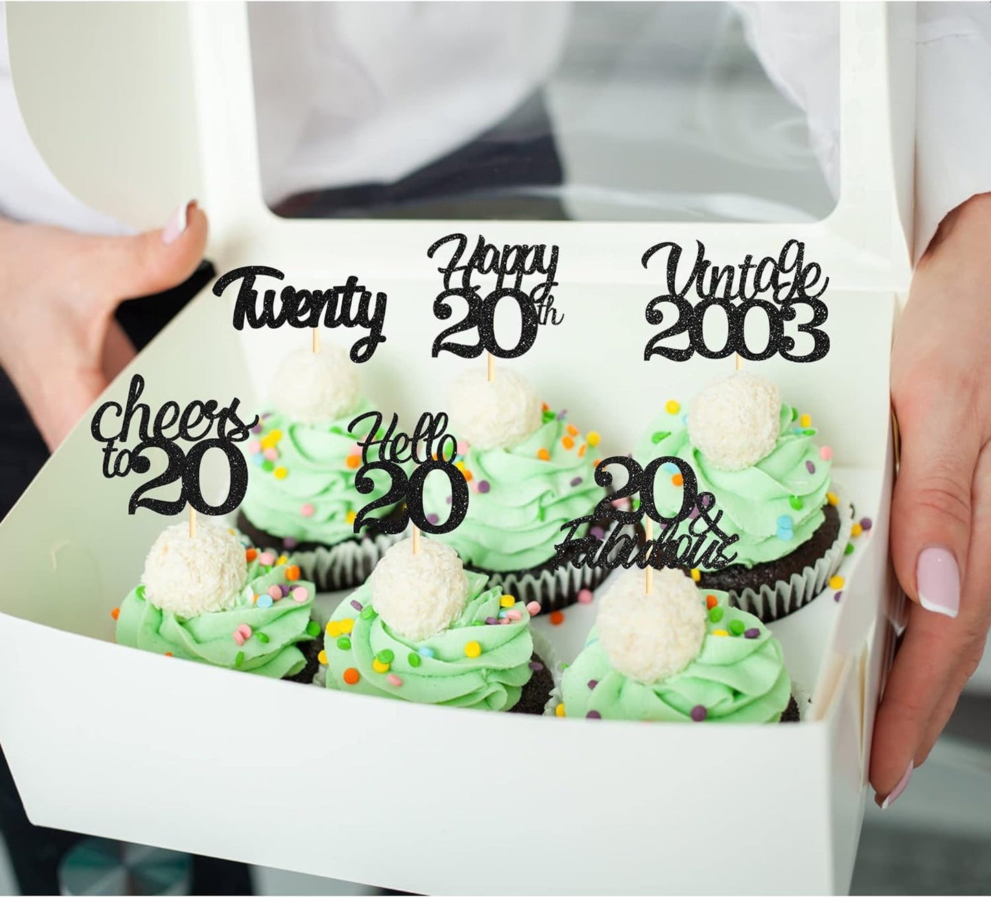 20x Black Glitter 20th Birthday Cupcake Toppers