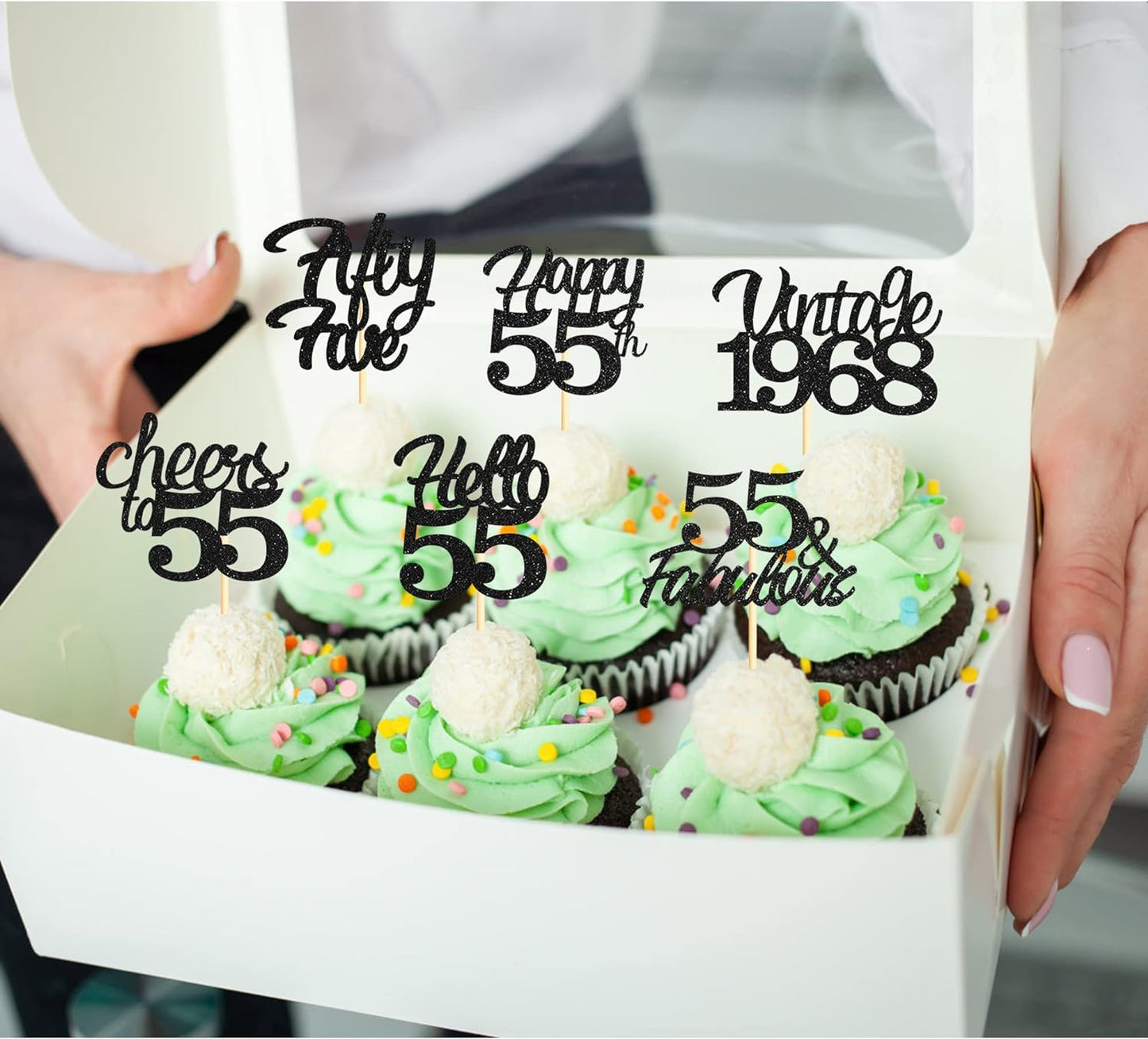 20x Black Glitter 55th Birthday Cupcake Toppers