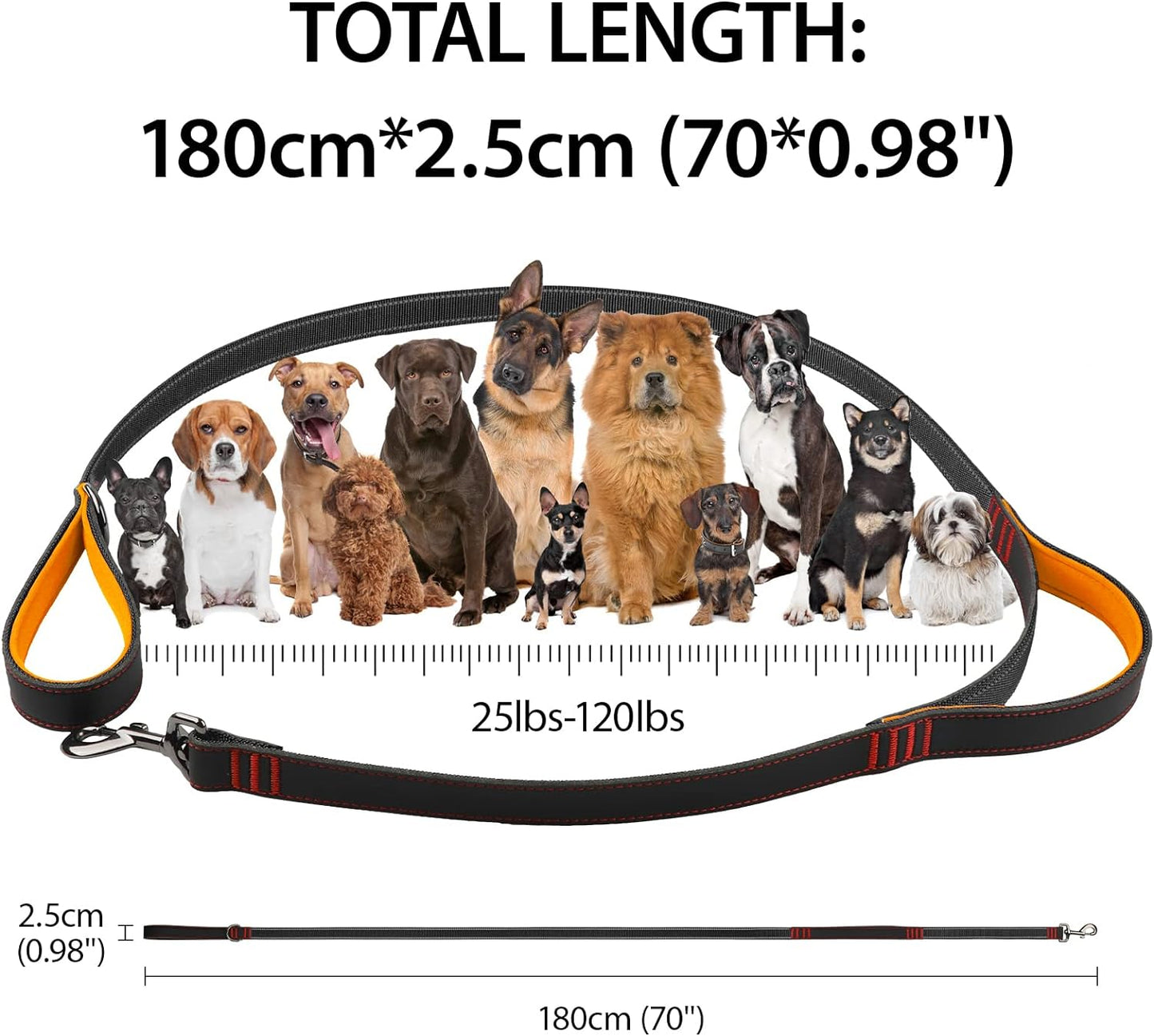 1.8m Leather Dog Lead Black / Orange Reflective 2 Handles + Poo Bags & Holder