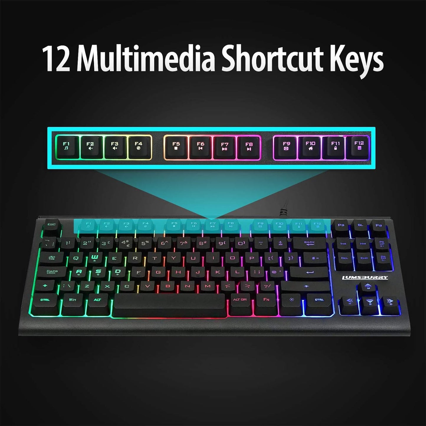 Rainbow LED Backlit 88 Key Gaming Keyboard USB - UK