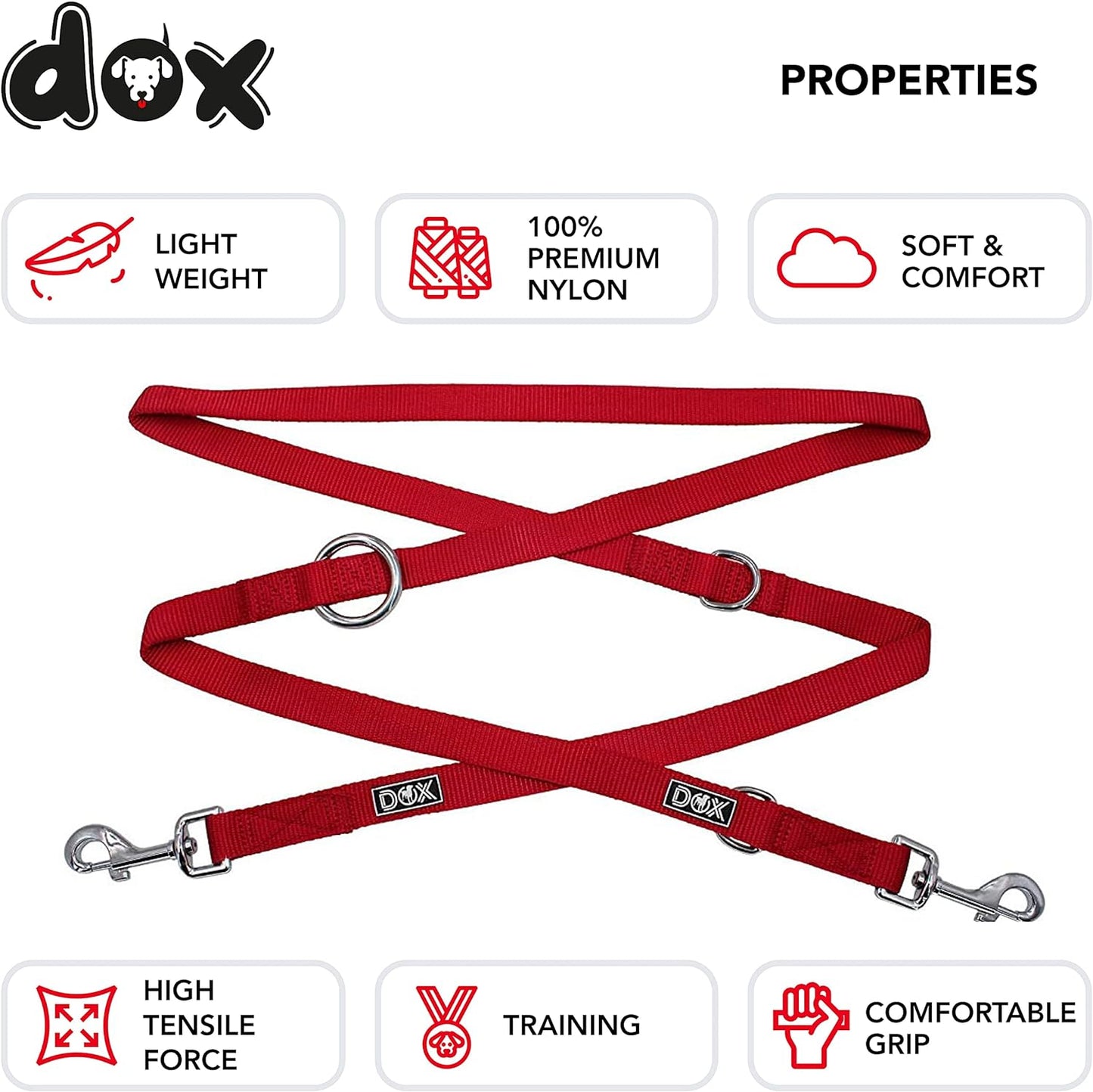 DDOXX Red Nylon Dog Lead - 2m / 3-way Adjustable Dog Training Lead - XS 200cm