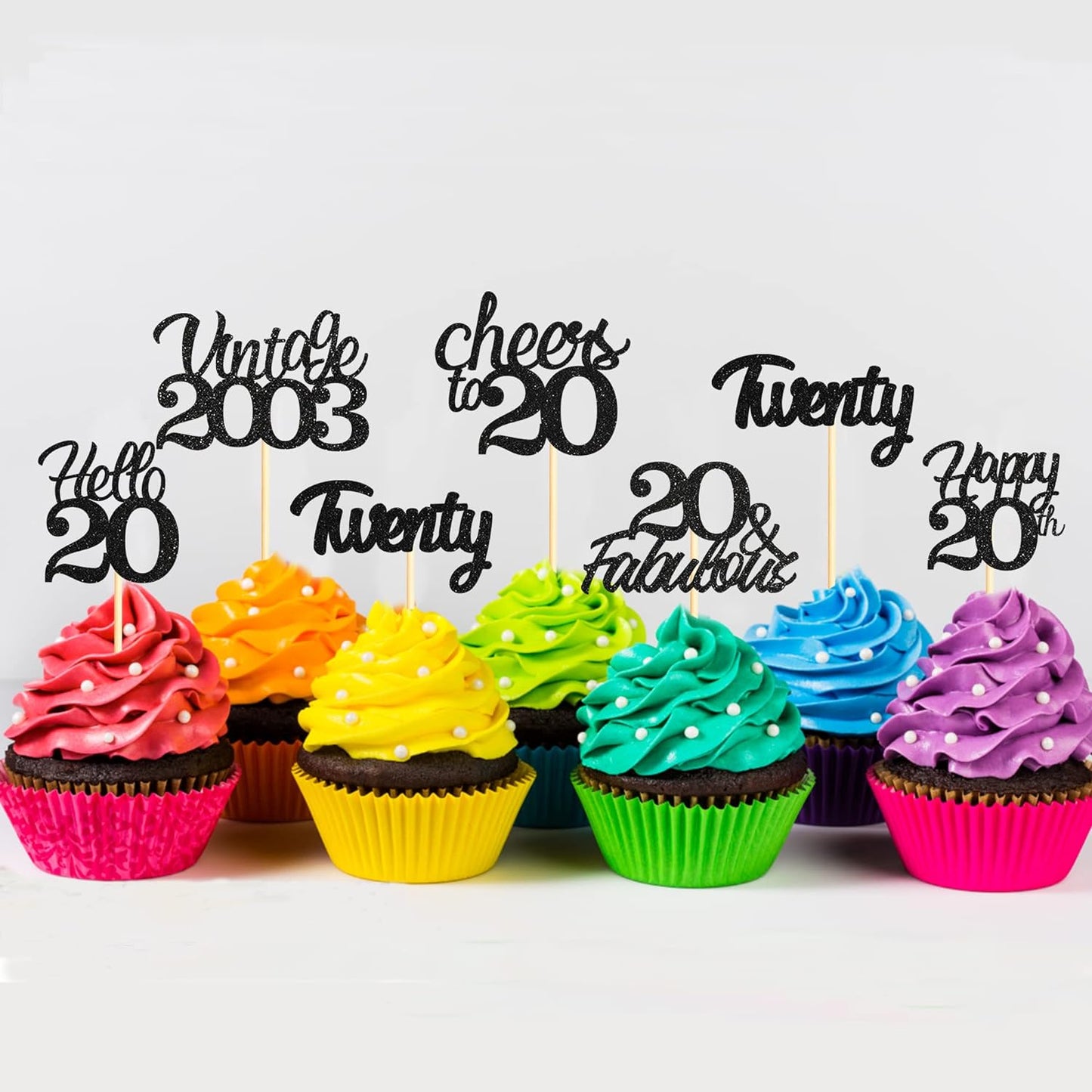 20x Black Glitter 20th Birthday Cupcake Toppers