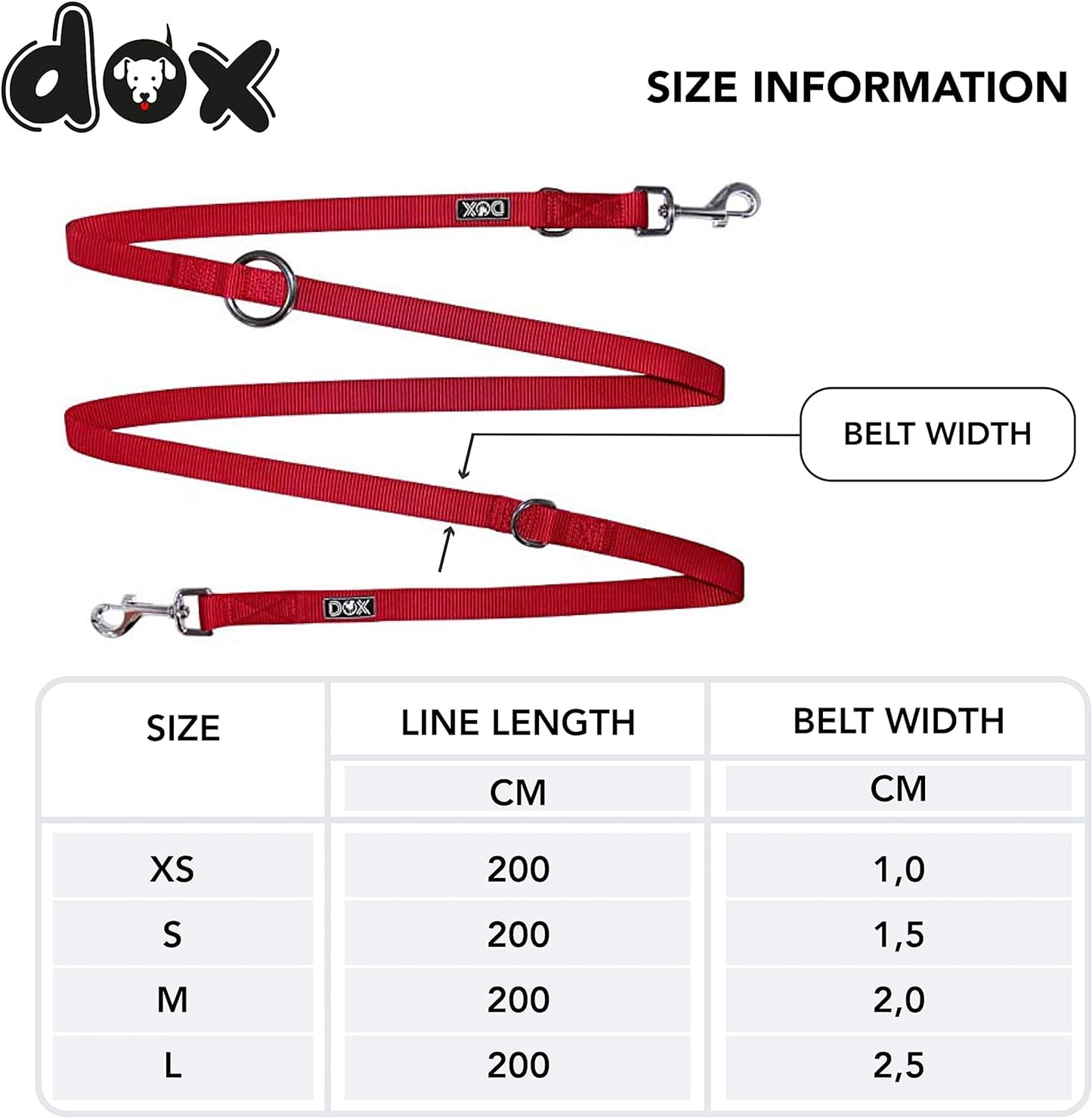 DDOXX Red Nylon Dog Lead - 2m / 3-way Adjustable Dog Training Lead - XS 200cm