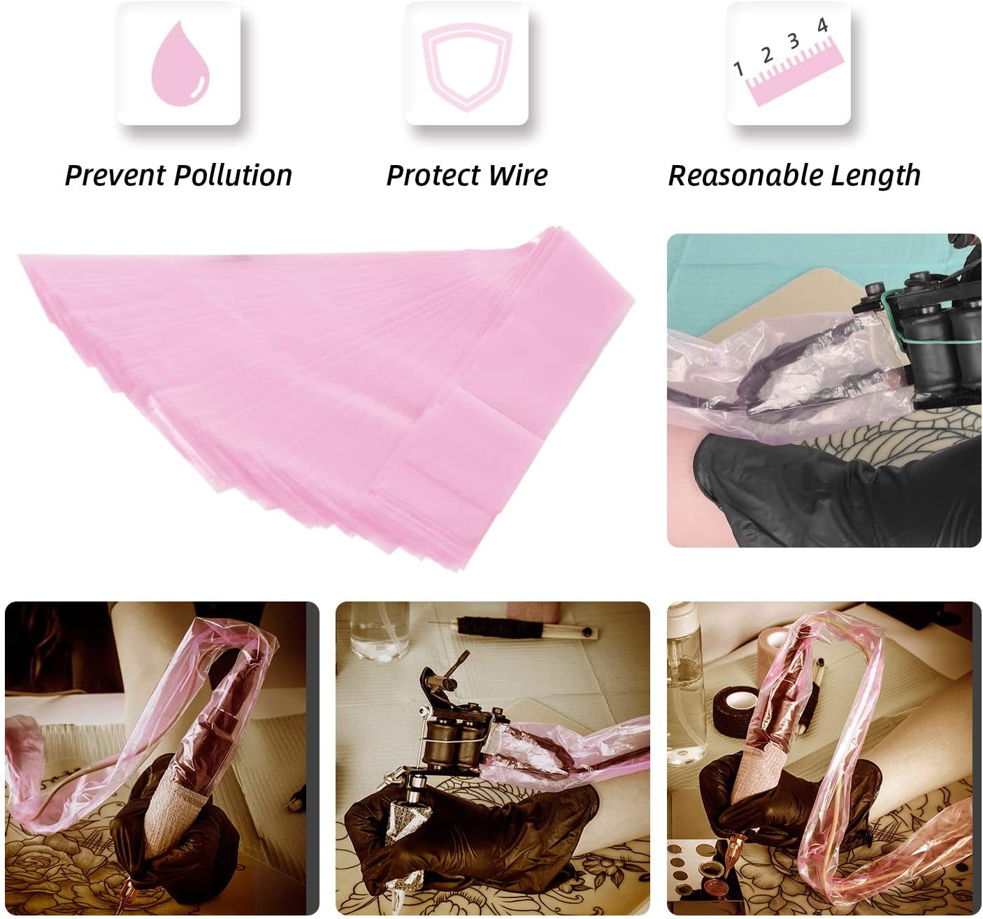 200x Disposable Tattoo Cord Cover Sleeve Bags for Tattoo Machine - Pink - 60cm