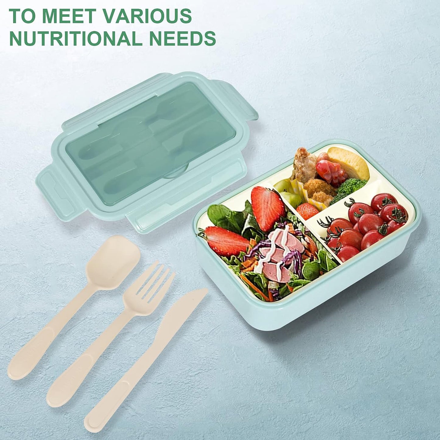 Lunch Box 1400ml Bento Box Adults & Kids 3 Compartment Container With Cutlery