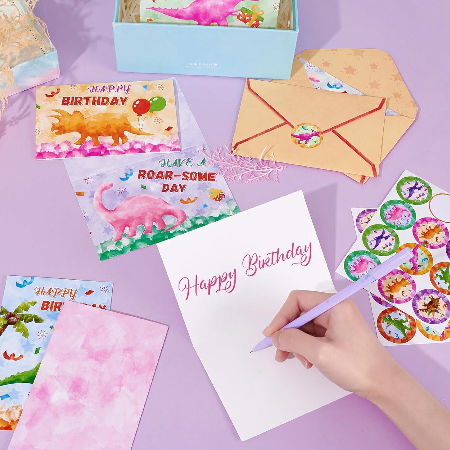 24x Happy Birthday Dinosaur Cards with Envelopes & Stickers - 6 Designs