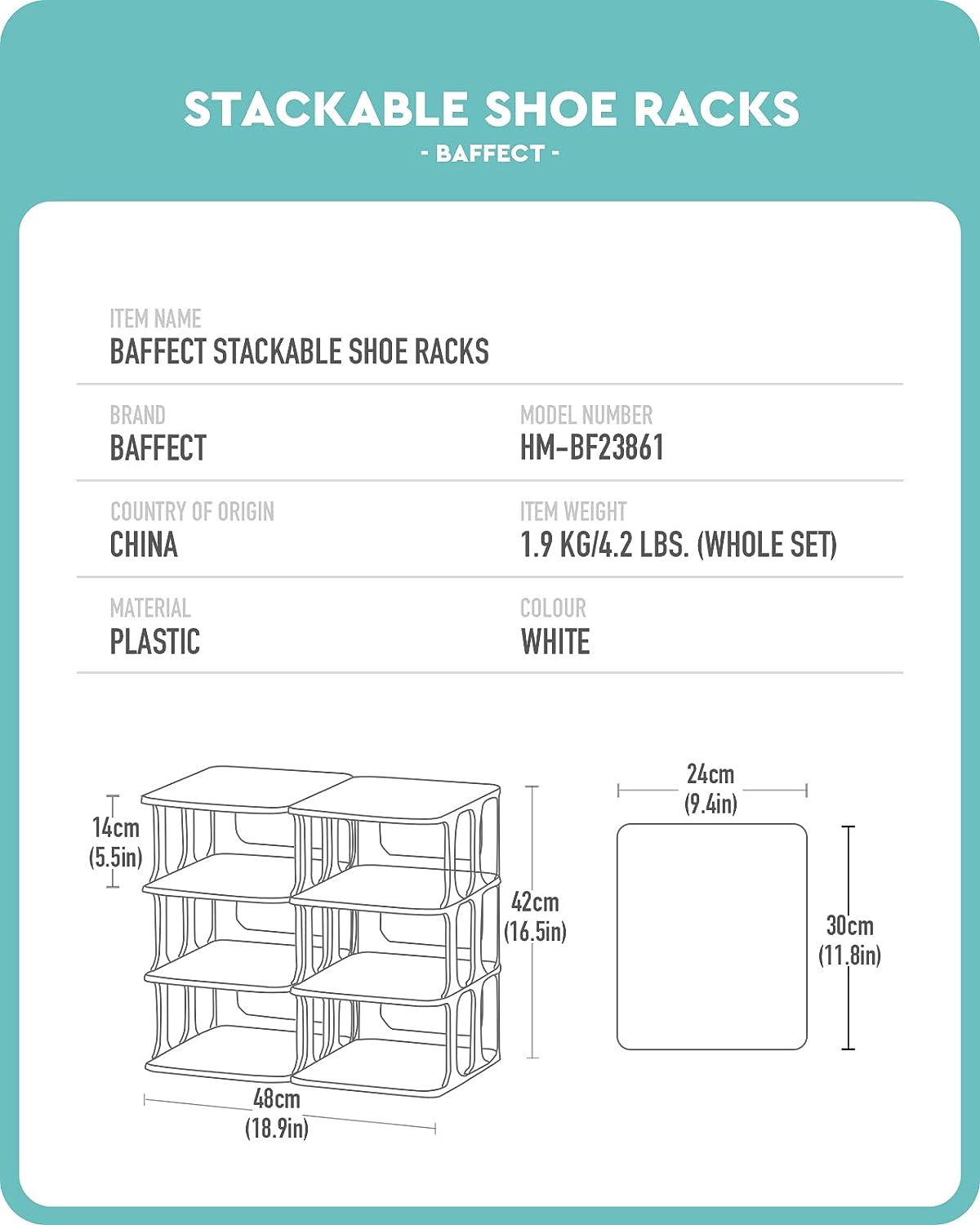 Baffect Narrow Stackable Shoe Rack White - 8 Pair Capacity