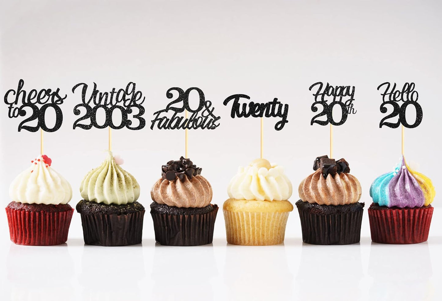 20x Black Glitter 20th Birthday Cupcake Toppers