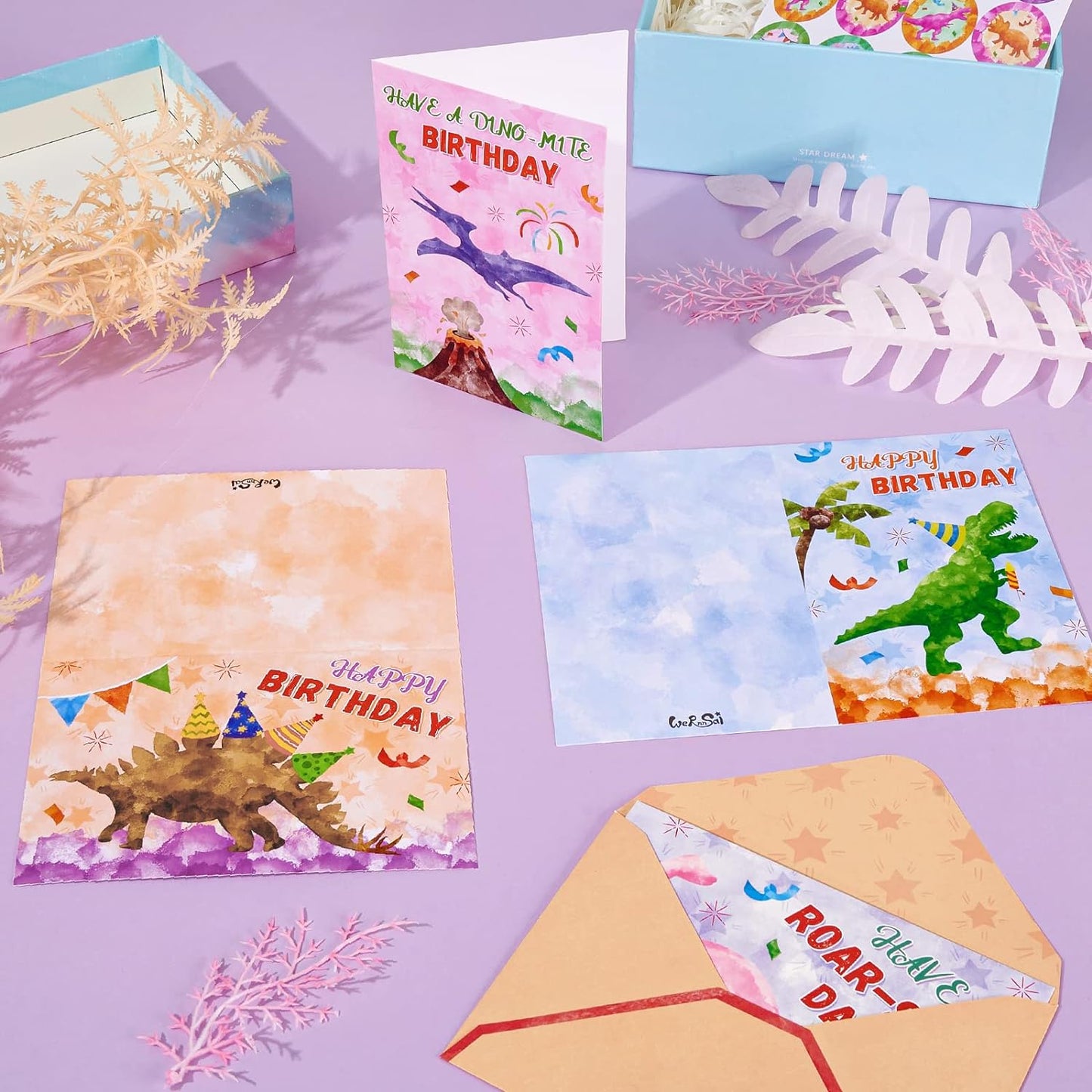 24x Happy Birthday Dinosaur Cards with Envelopes & Stickers - 6 Designs