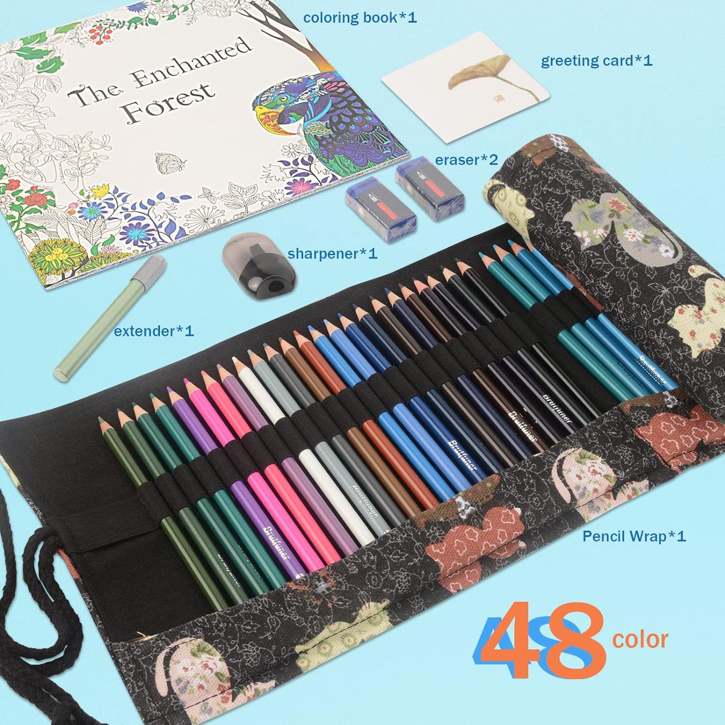 Brutfuner 48 Oily Colored Pencils Set with Enchanted Forest Adult Coloring Book