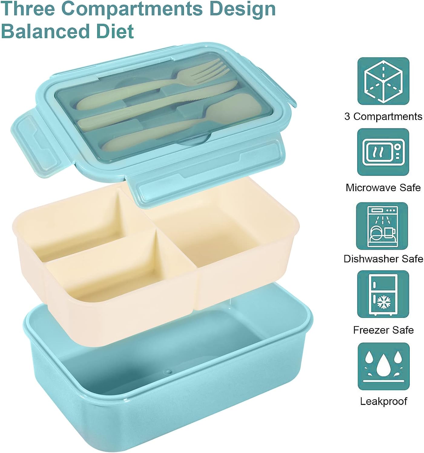 Lunch Box 1400ml Bento Box Adults & Kids 3 Compartment Container With Cutlery