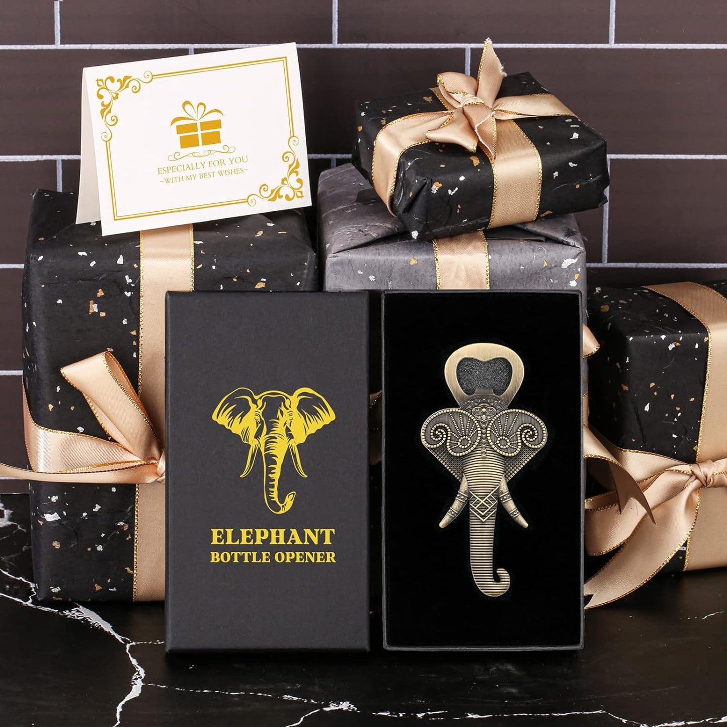 Elephant Beer Bottle Opener With Gift Box & Card - Bronze - 11cm