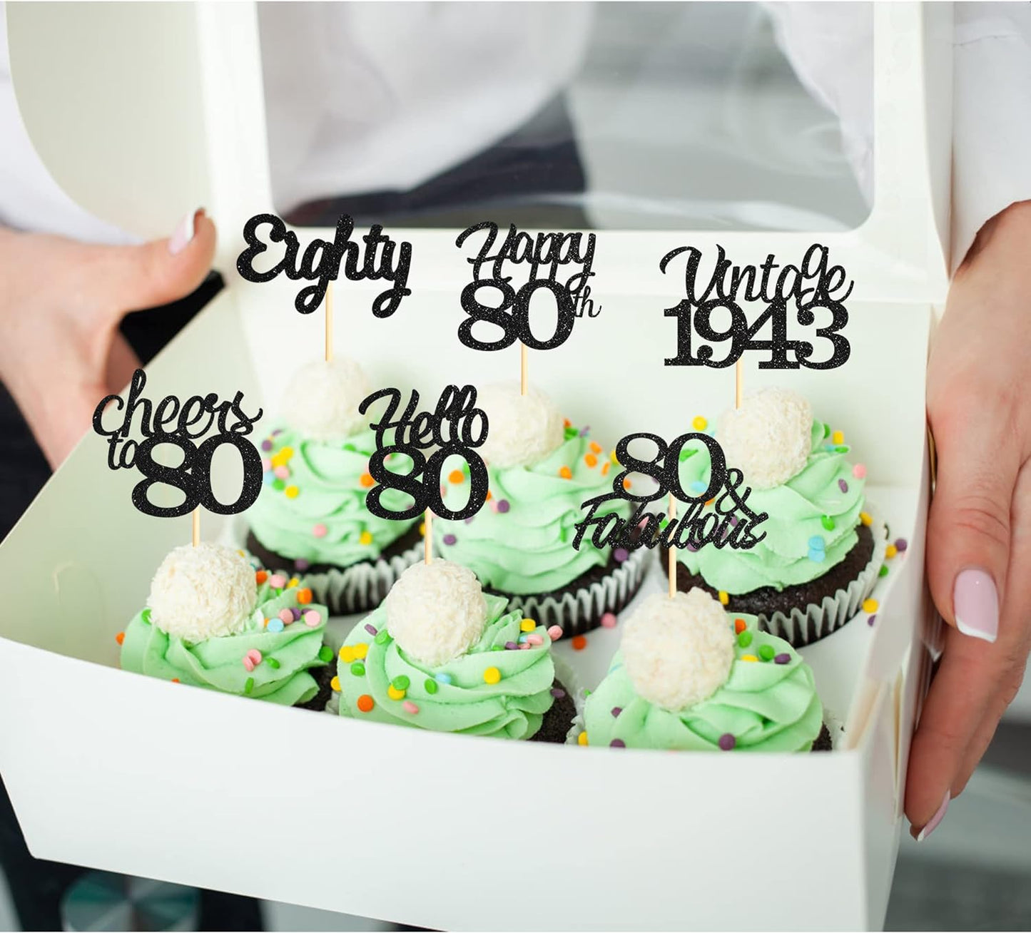 20x Black Glitter 80th Birthday Cupcake Toppers