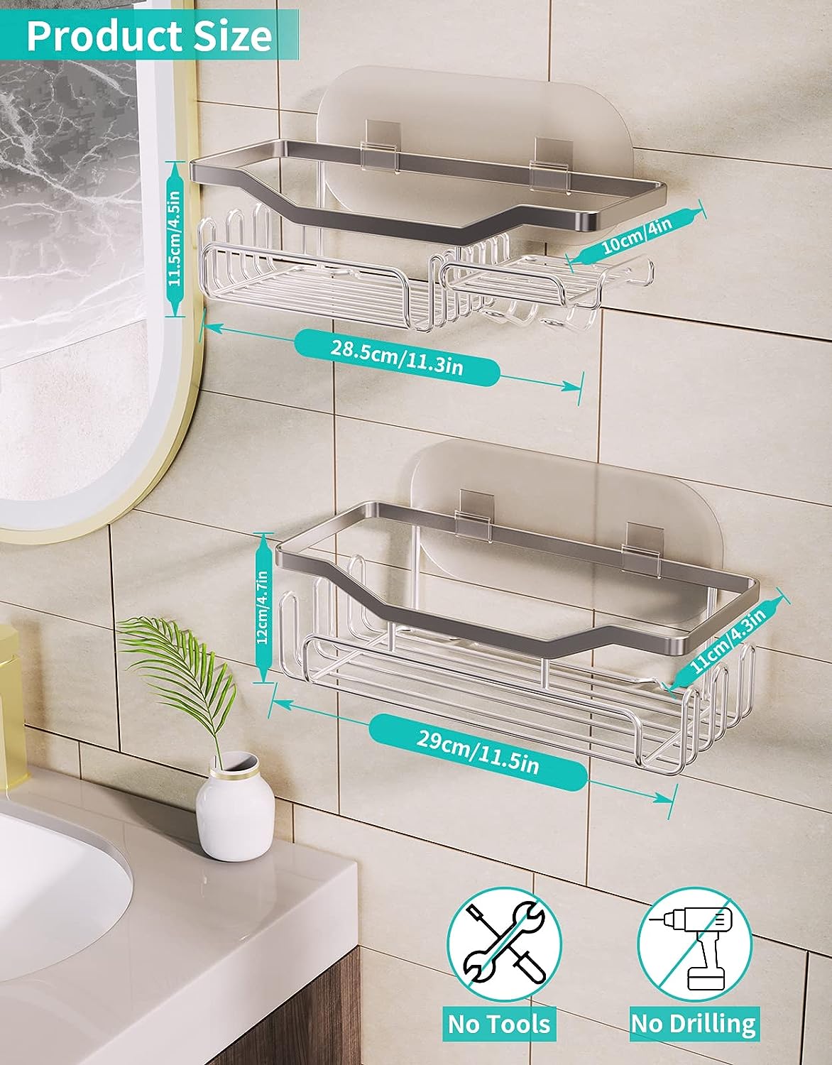 2 Pack Bathroom Shelves Shower Bath Caddy - No Drill - Silver