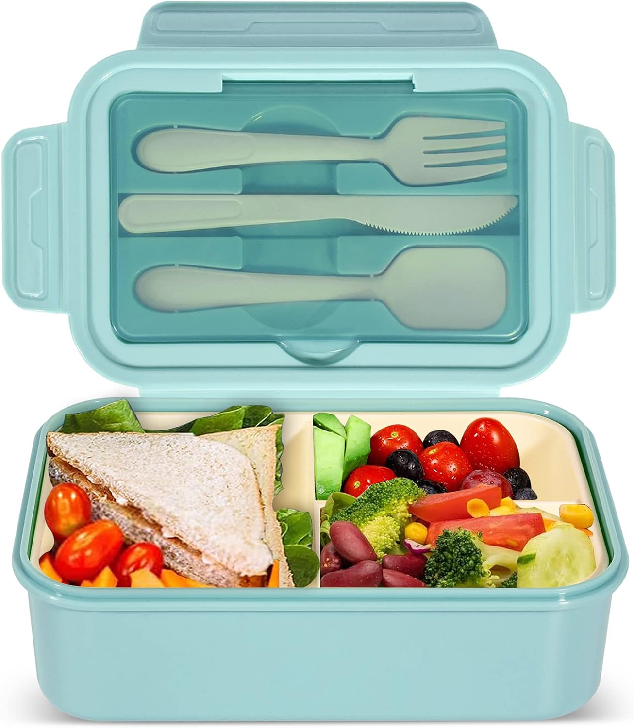 Lunch Box 1400ml Bento Box Adults & Kids 3 Compartment Container With Cutlery