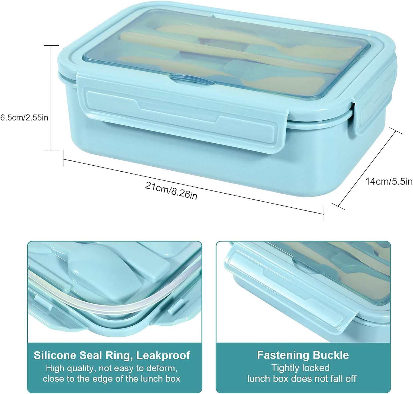 Lunch Box 1400ml Bento Box Adults & Kids 3 Compartment Container With Cutlery