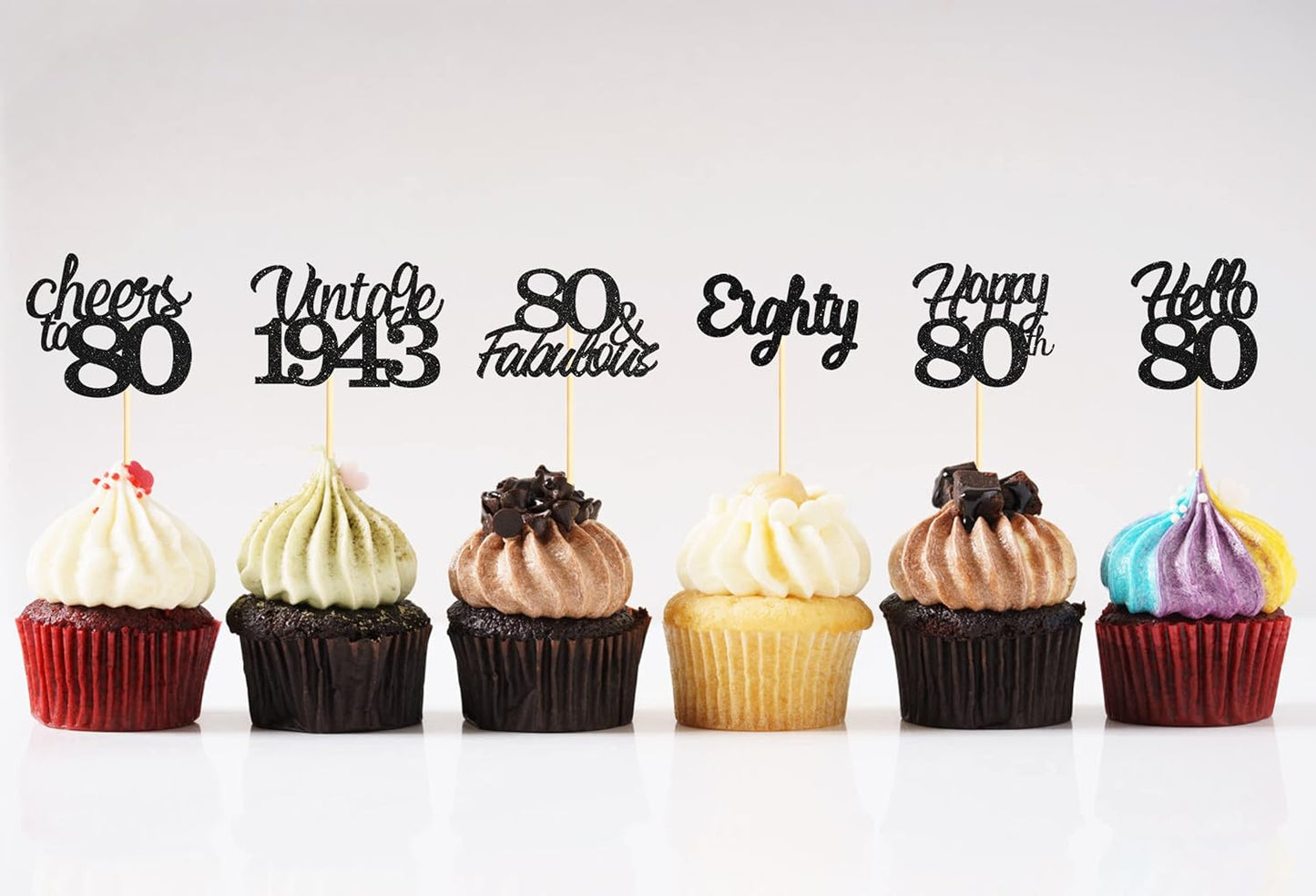 20x Black Glitter 80th Birthday Cupcake Toppers