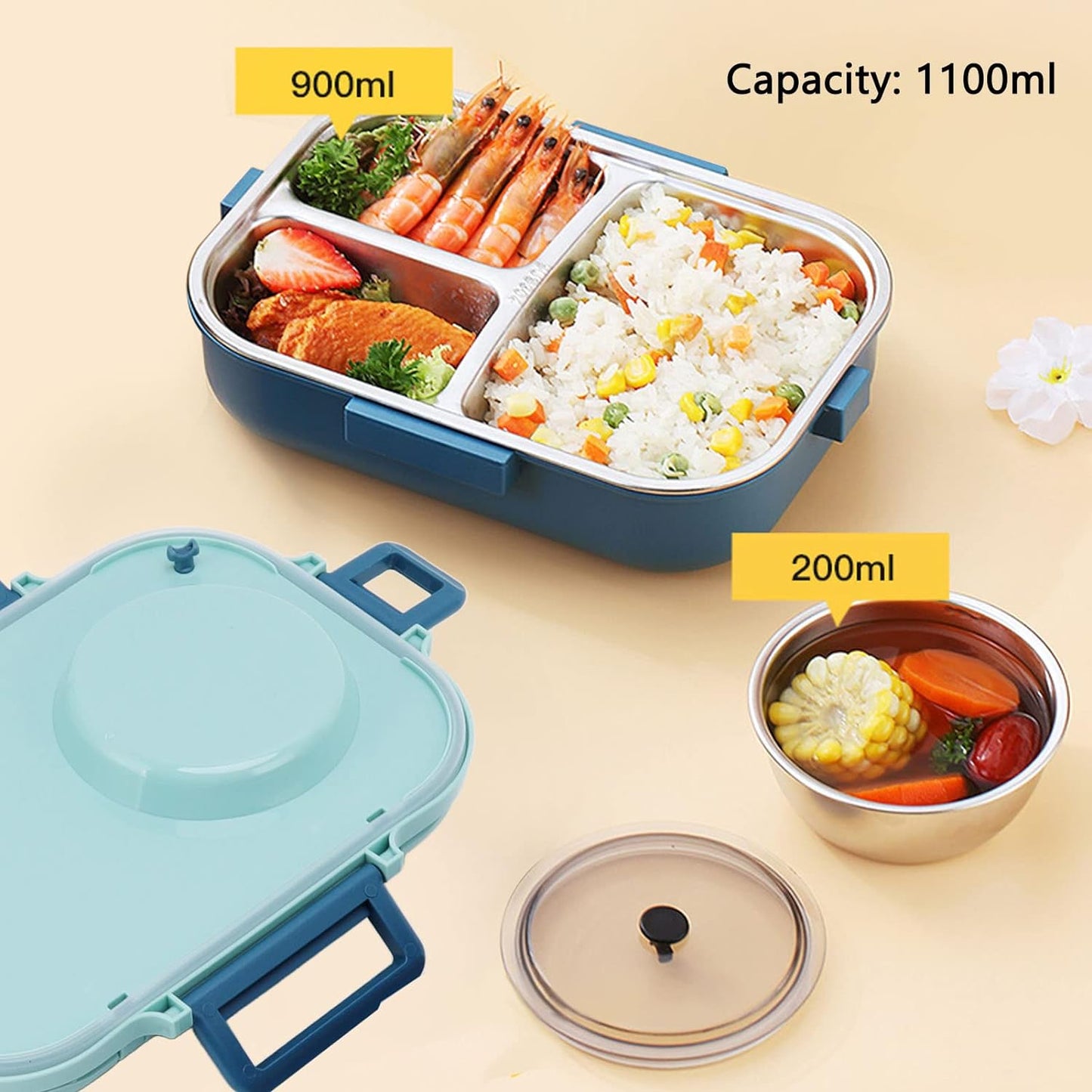 1100ml Thermal Lunch Box Double Layer 3 Grid Design Adults Bento Box Blue