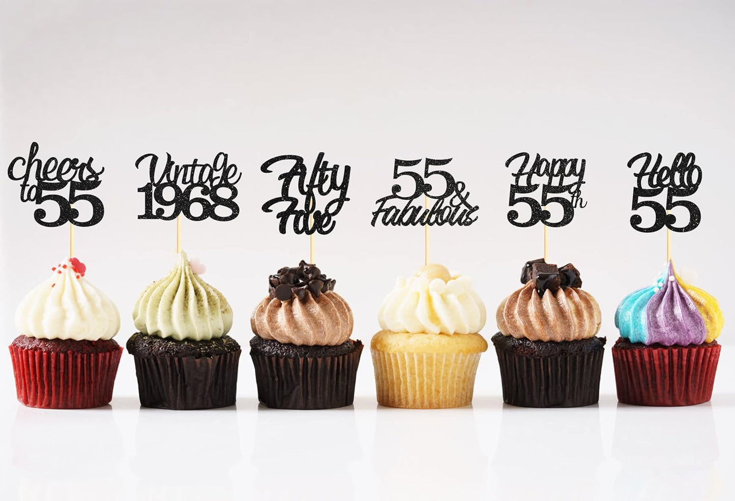 20x Black Glitter 55th Birthday Cupcake Toppers