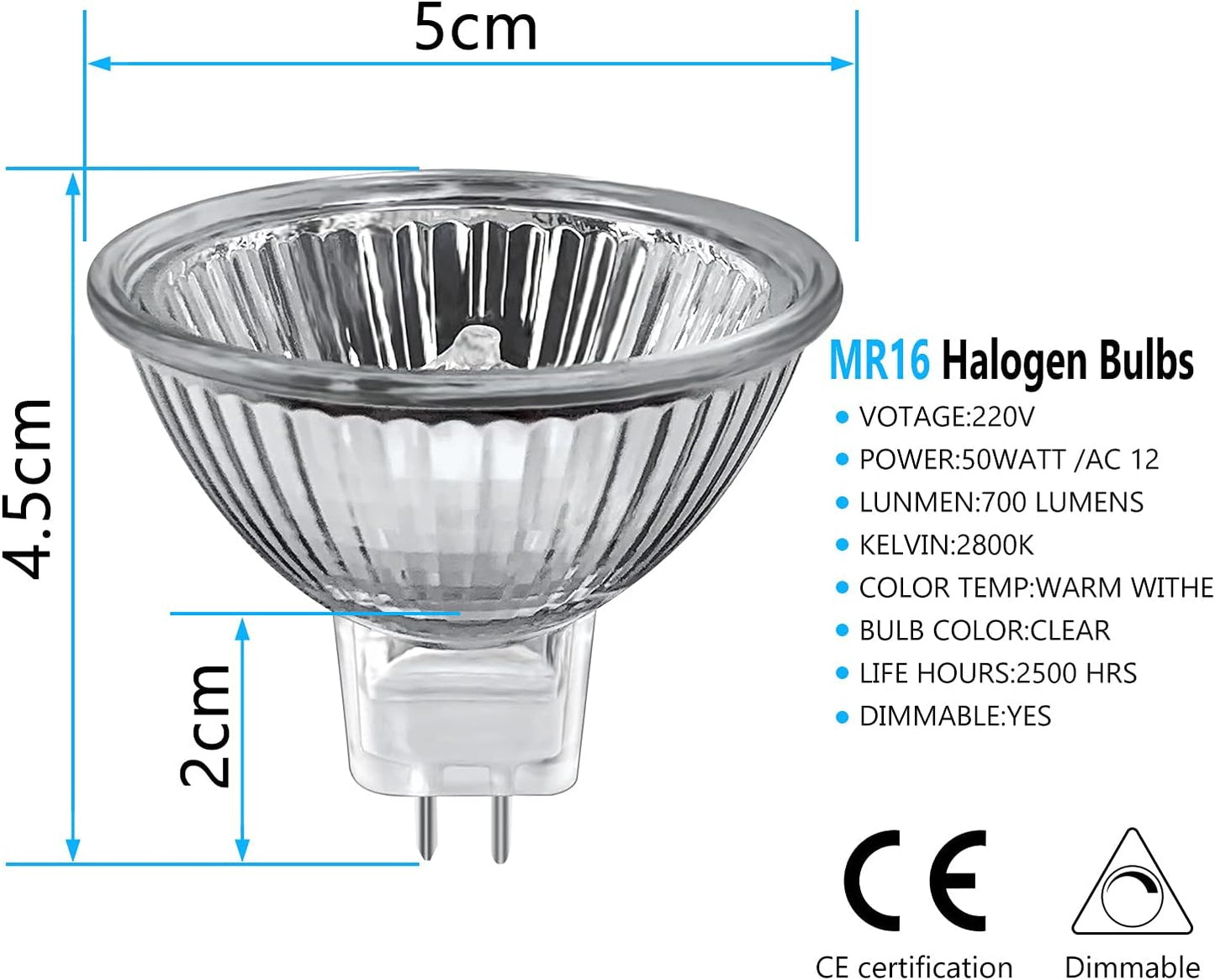 8x 50W MR16 Halogen Bulbs Dimmable 12V Gu5.3 Spotlight Bulb 2 Pin Warm White