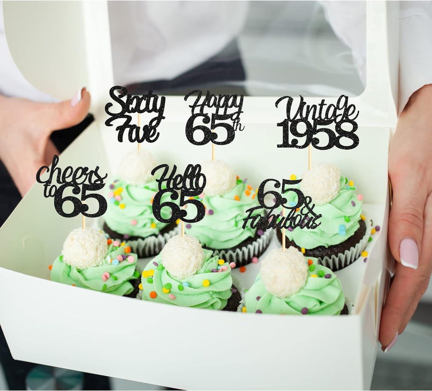 20x Black Glitter 65th Birthday Cupcake Toppers