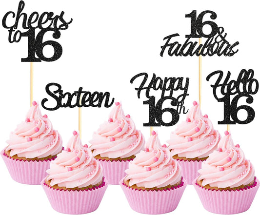 20x Black Glitter 16th Birthday Cupcake Toppers