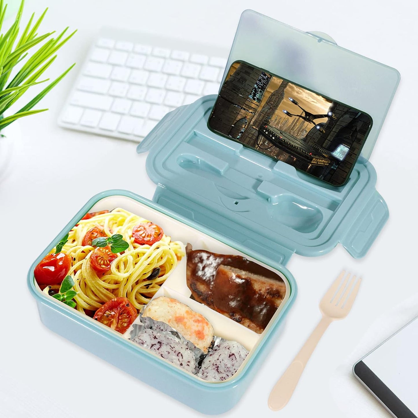 Lunch Box 1400ml Bento Box Adults & Kids 3 Compartment Container With Cutlery