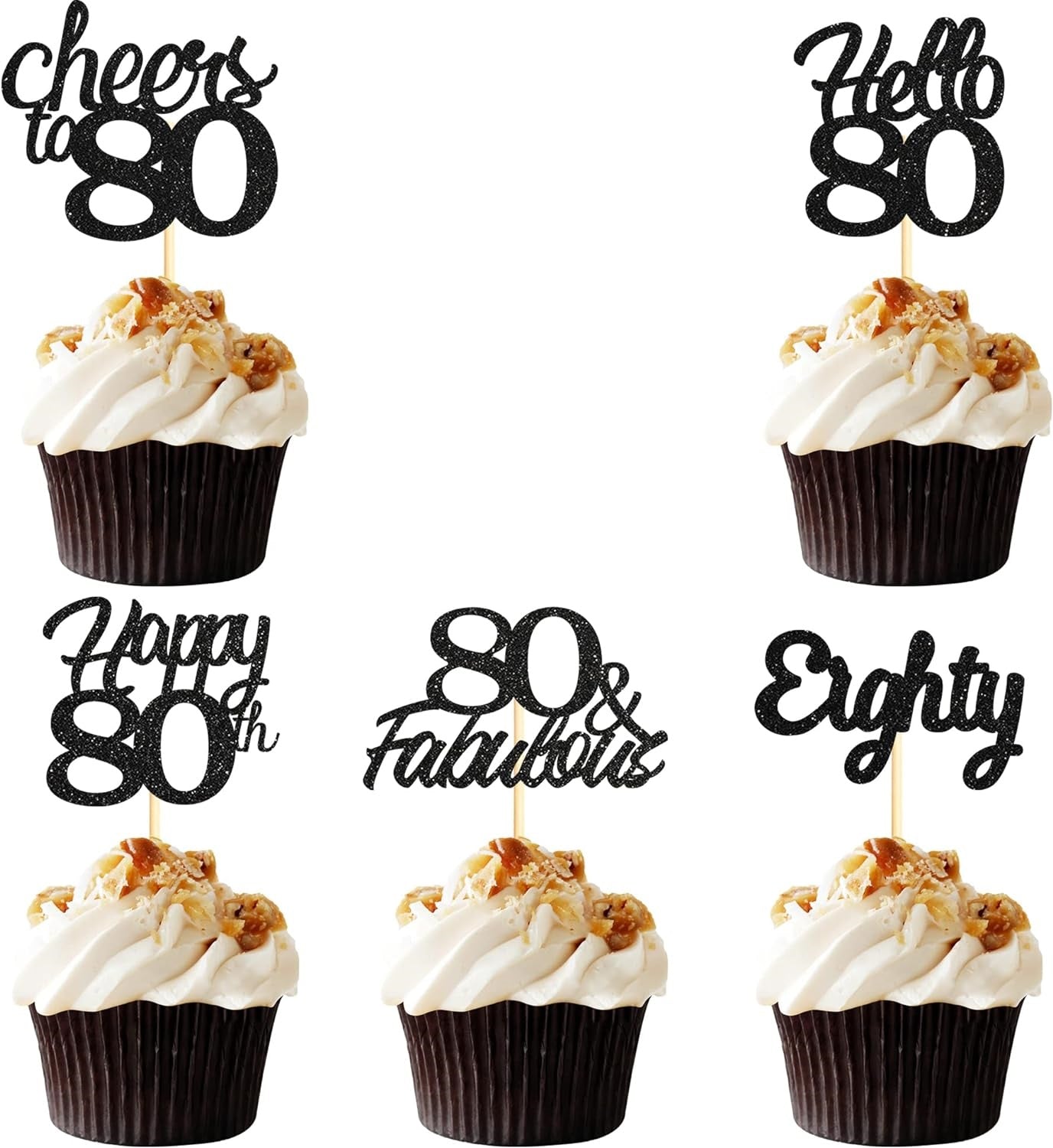 20x Black Glitter 80th Birthday Cupcake Toppers