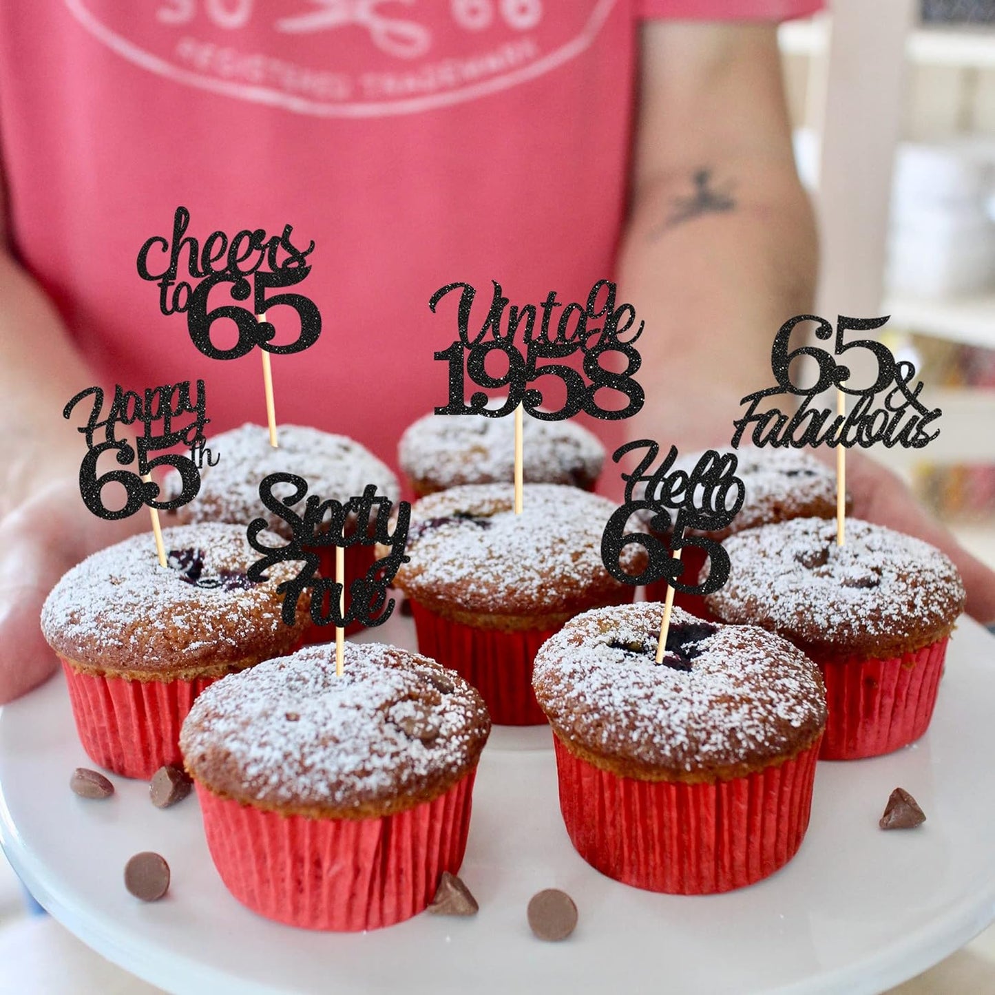 20x Black Glitter 65th Birthday Cupcake Toppers