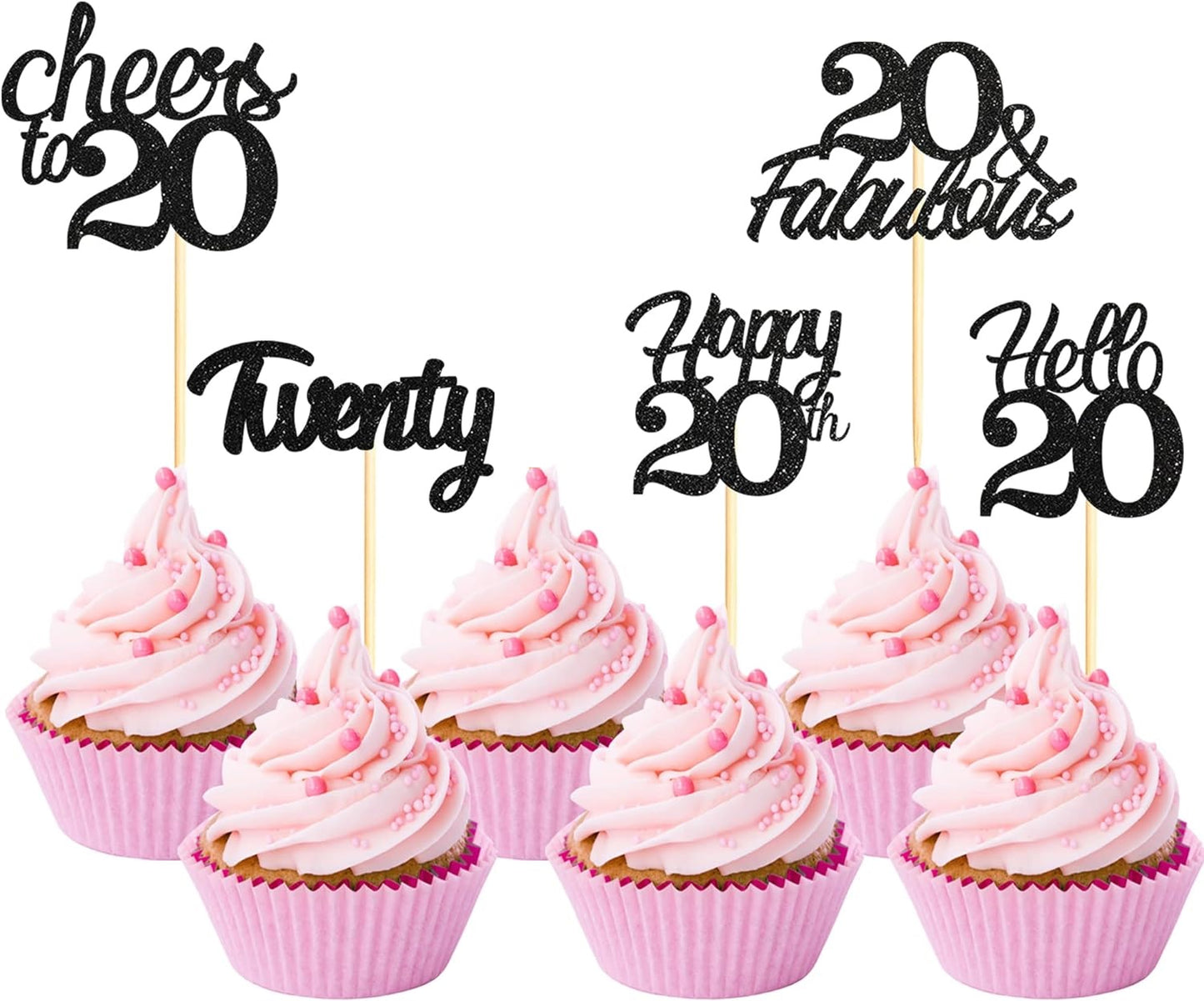 20x Black Glitter 20th Birthday Cupcake Toppers