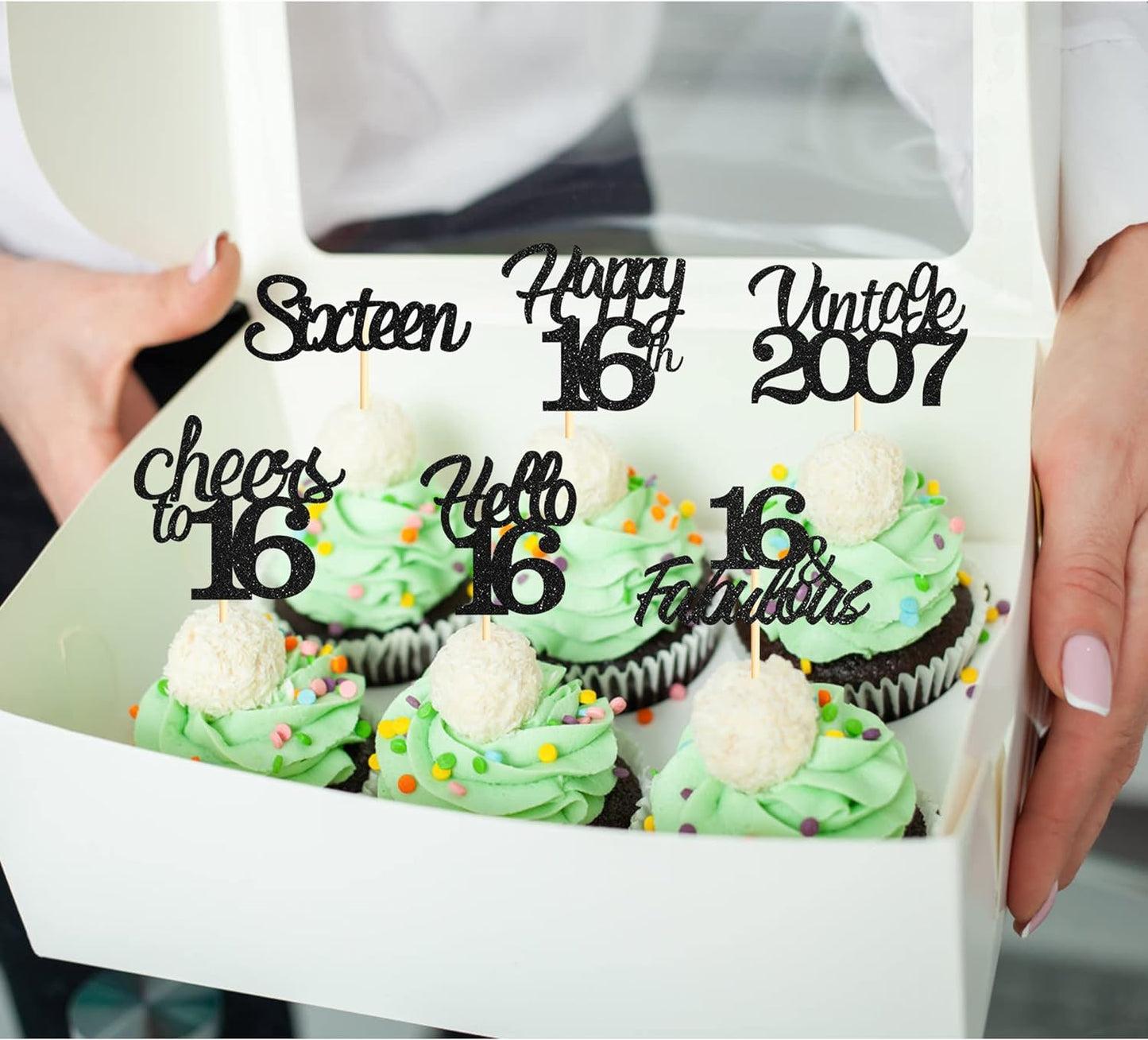 20x Black Glitter 16th Birthday Cupcake Toppers