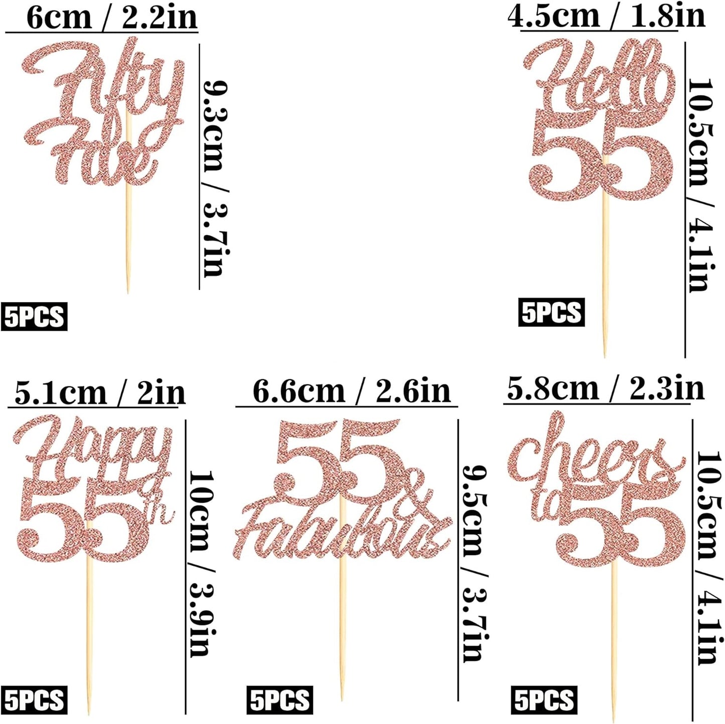 25x Rose Gold Glitter 55th Birthday Cupcake Toppers